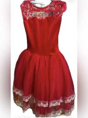 Revolution Dance. Girls Red Tulle dance costume w/ Lace Trim & bottom connected